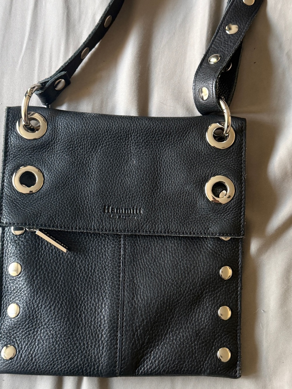 Hammitt Black Leather Crossbody with Silver Grommet Accents